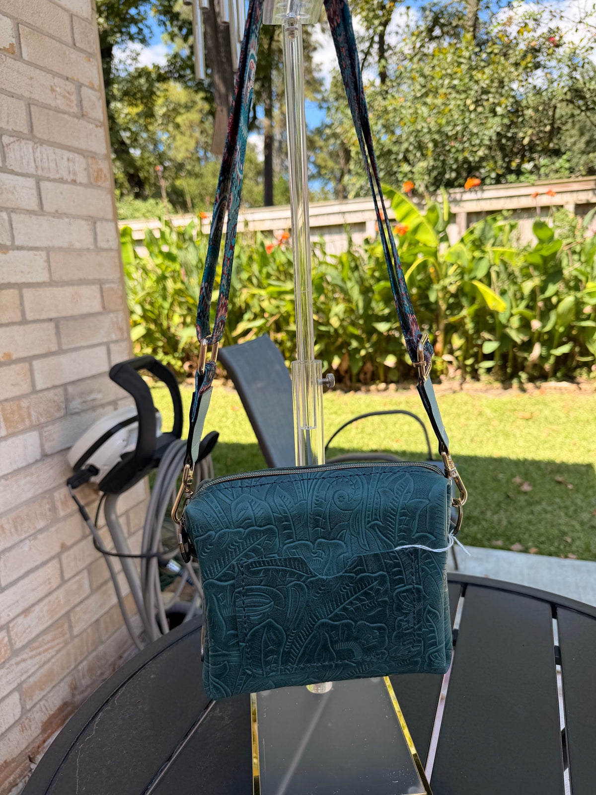 Urban Rustic Handmade Teal Embossed Leather Crossbody Bag with Boho Guitar Strap
