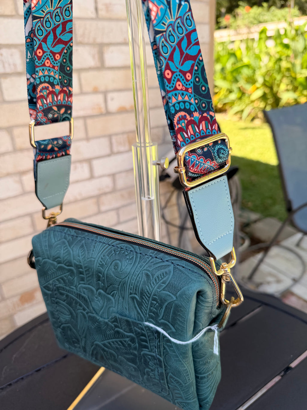 Urban Rustic Handmade Teal Embossed Leather Crossbody Bag with Boho Guitar Strap