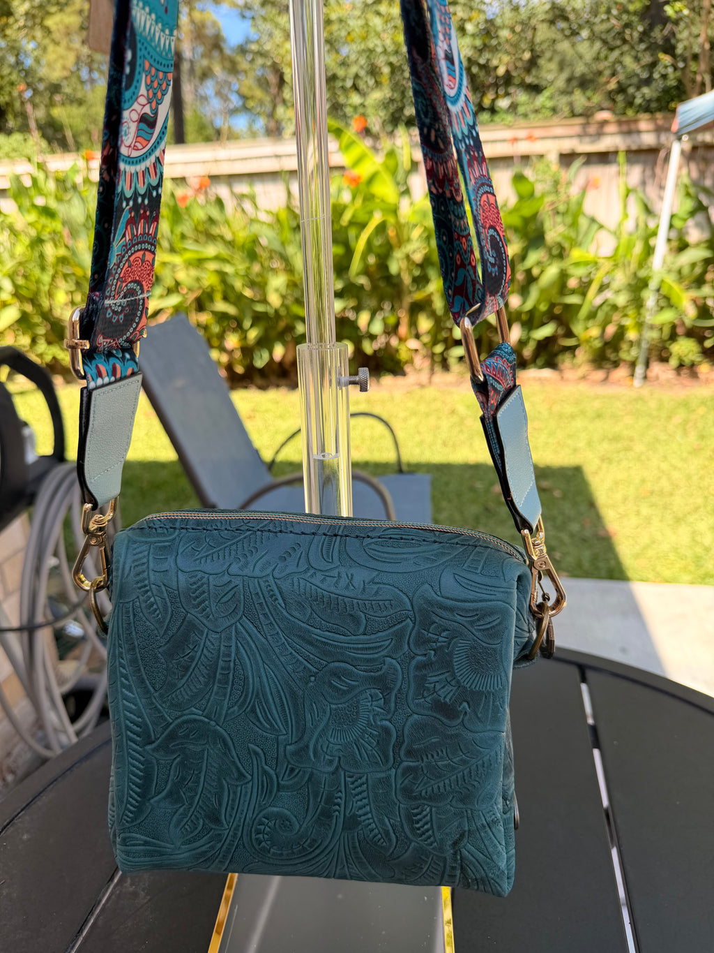 Urban Rustic Handmade Teal Embossed Leather Crossbody Bag with Boho Guitar Strap