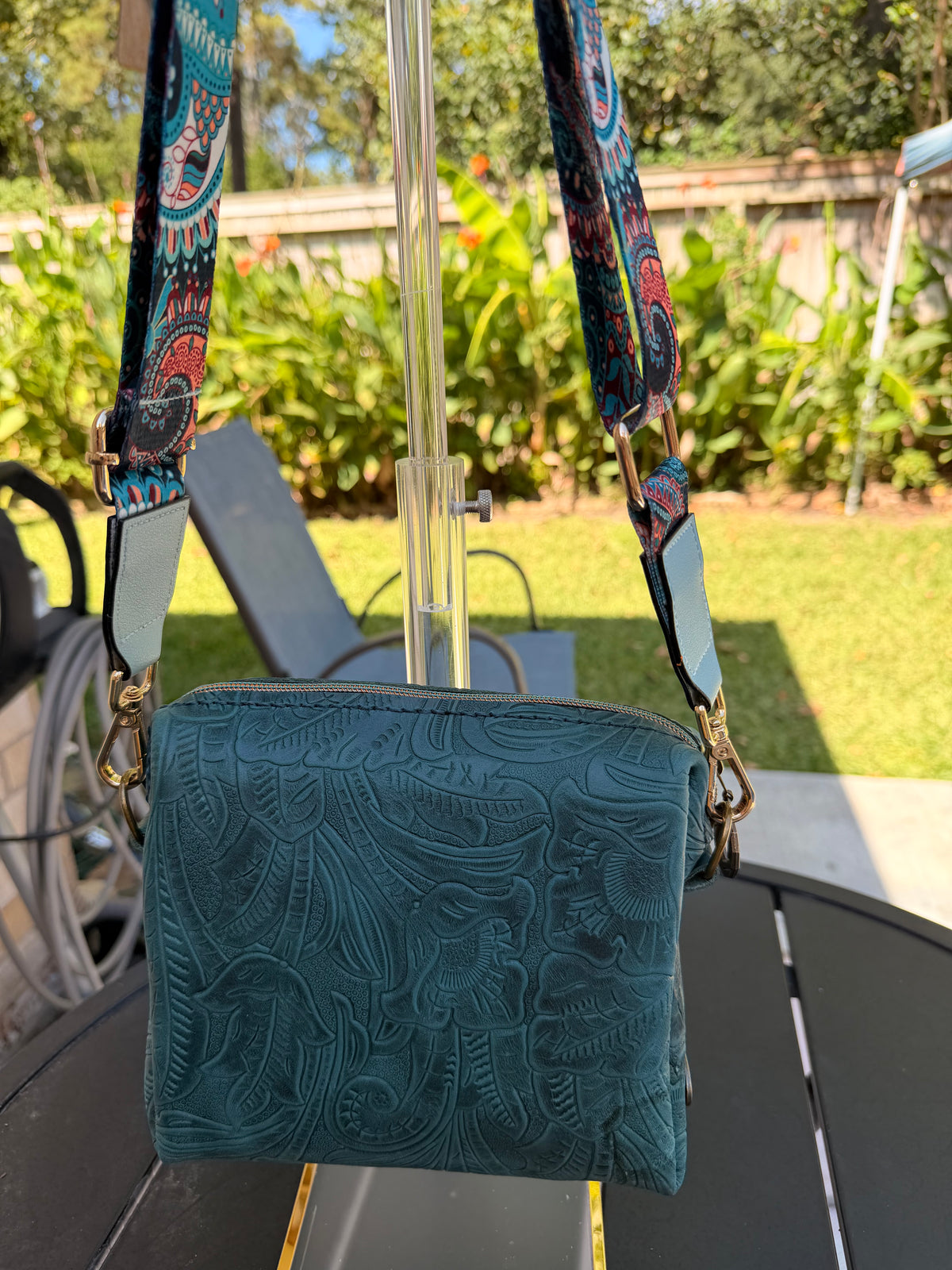 Urban Rustic Handmade Teal Embossed Leather Crossbody Bag with Boho Guitar Strap