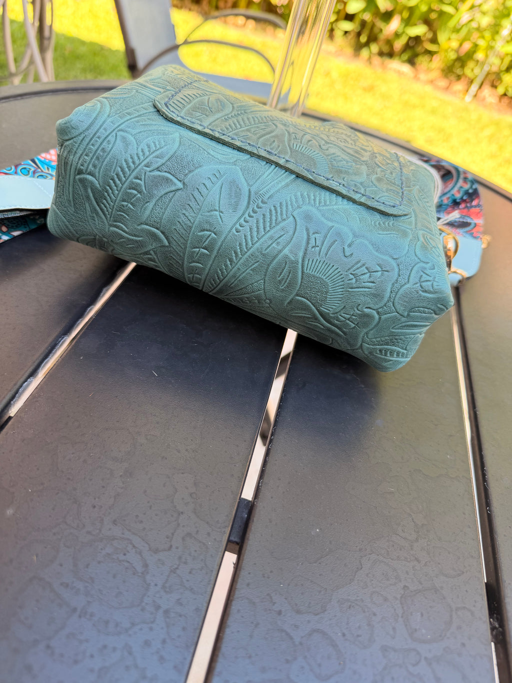 Urban Rustic Handmade Teal Embossed Leather Crossbody Bag with Boho Guitar Strap