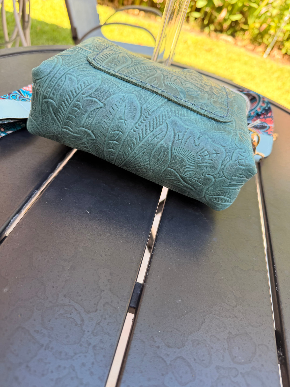 Urban Rustic Handmade Teal Embossed Leather Crossbody Bag with Boho Guitar Strap