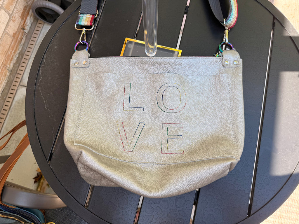 Urban Rustic Handmade – Silver Metallic Pebbled "LOVE" Crossbody Bag