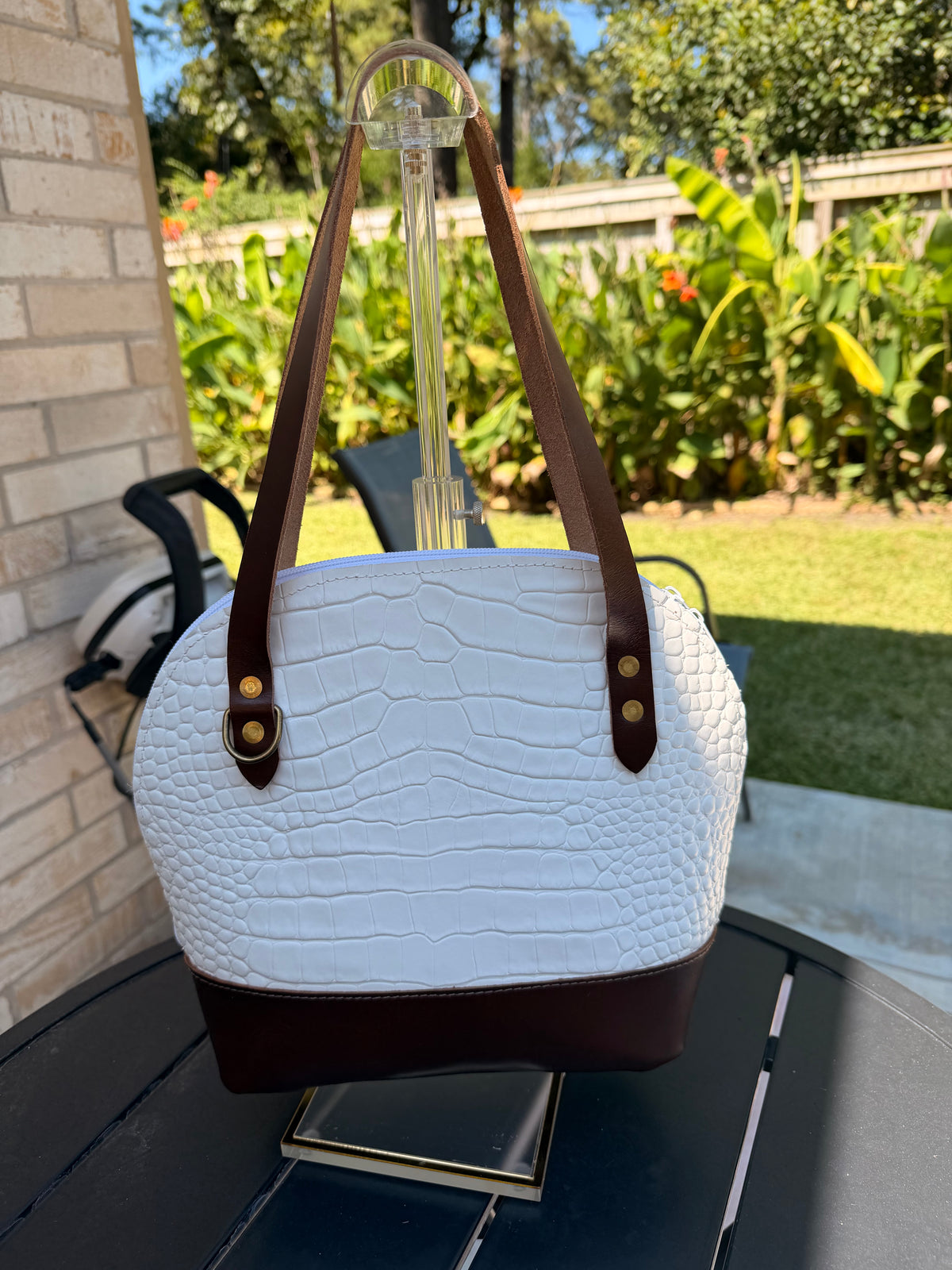 Urban Rustic Handmade – White Alligator-Embossed Bowler Bag