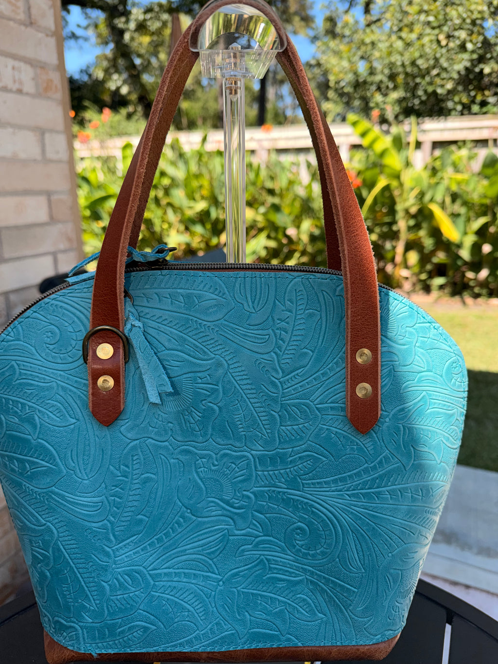 Urban Rustic Handmade – Embossed Turquoise Leather Crossbody / Top-Handle Bag