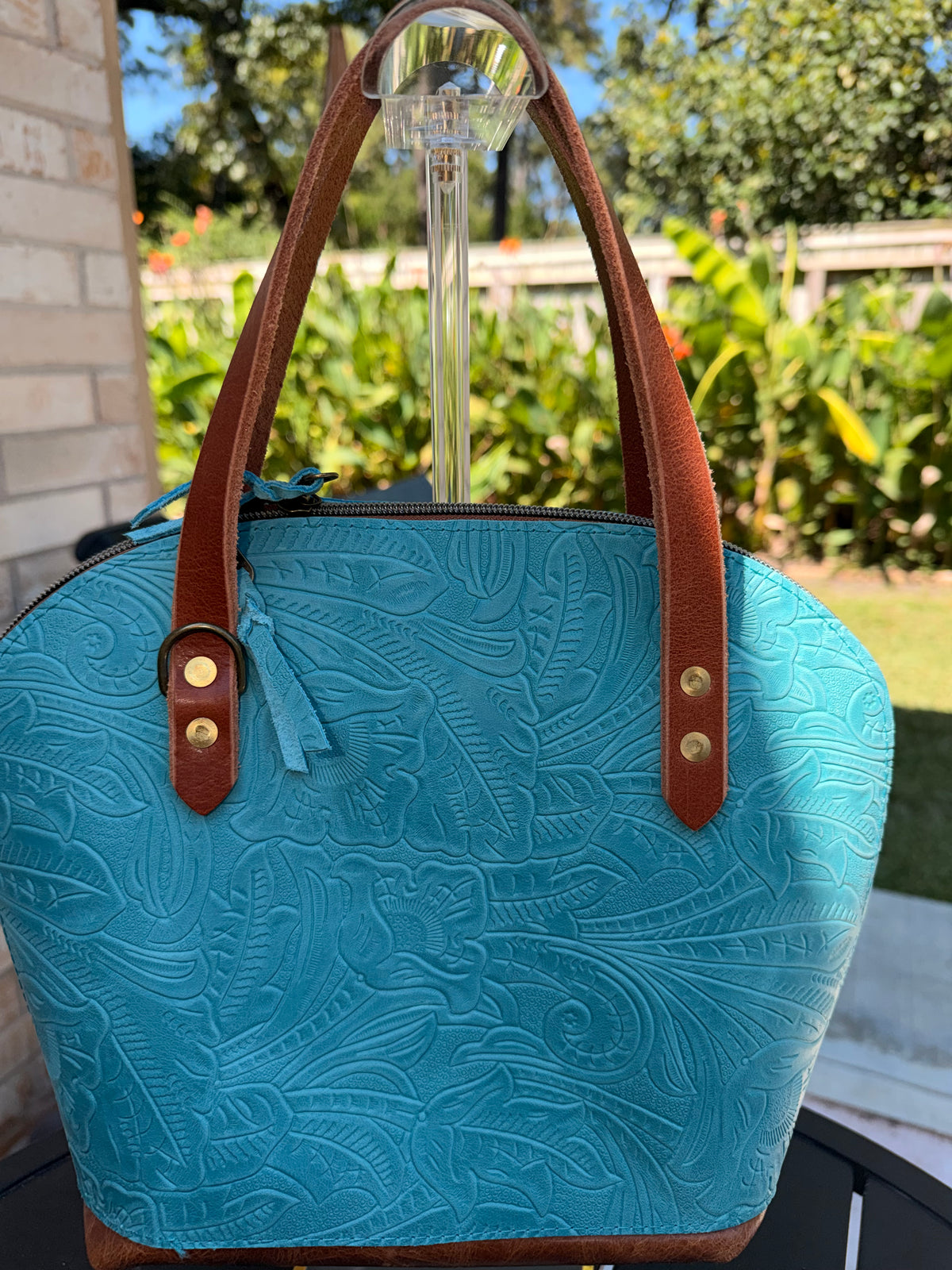 Urban Rustic Handmade – Embossed Turquoise Leather Crossbody / Top-Handle Bag