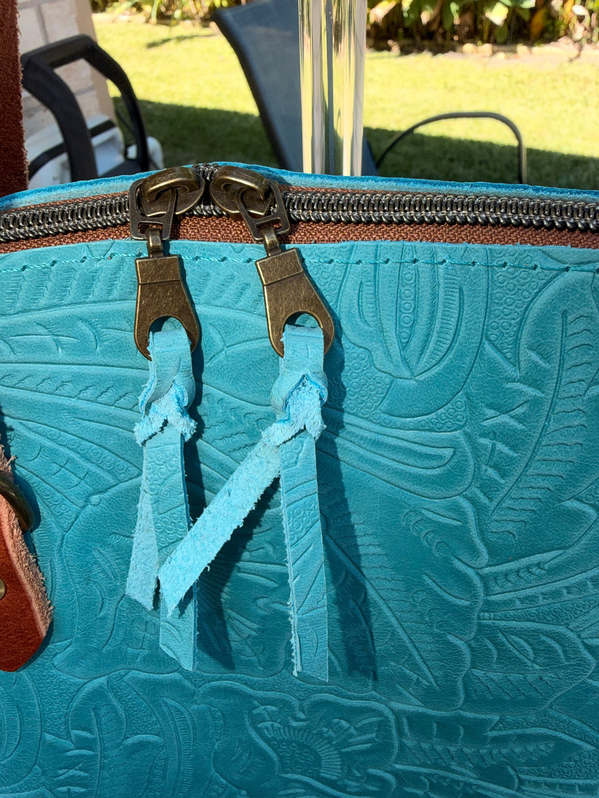 Urban Rustic Handmade – Embossed Turquoise Leather Crossbody / Top-Handle Bag