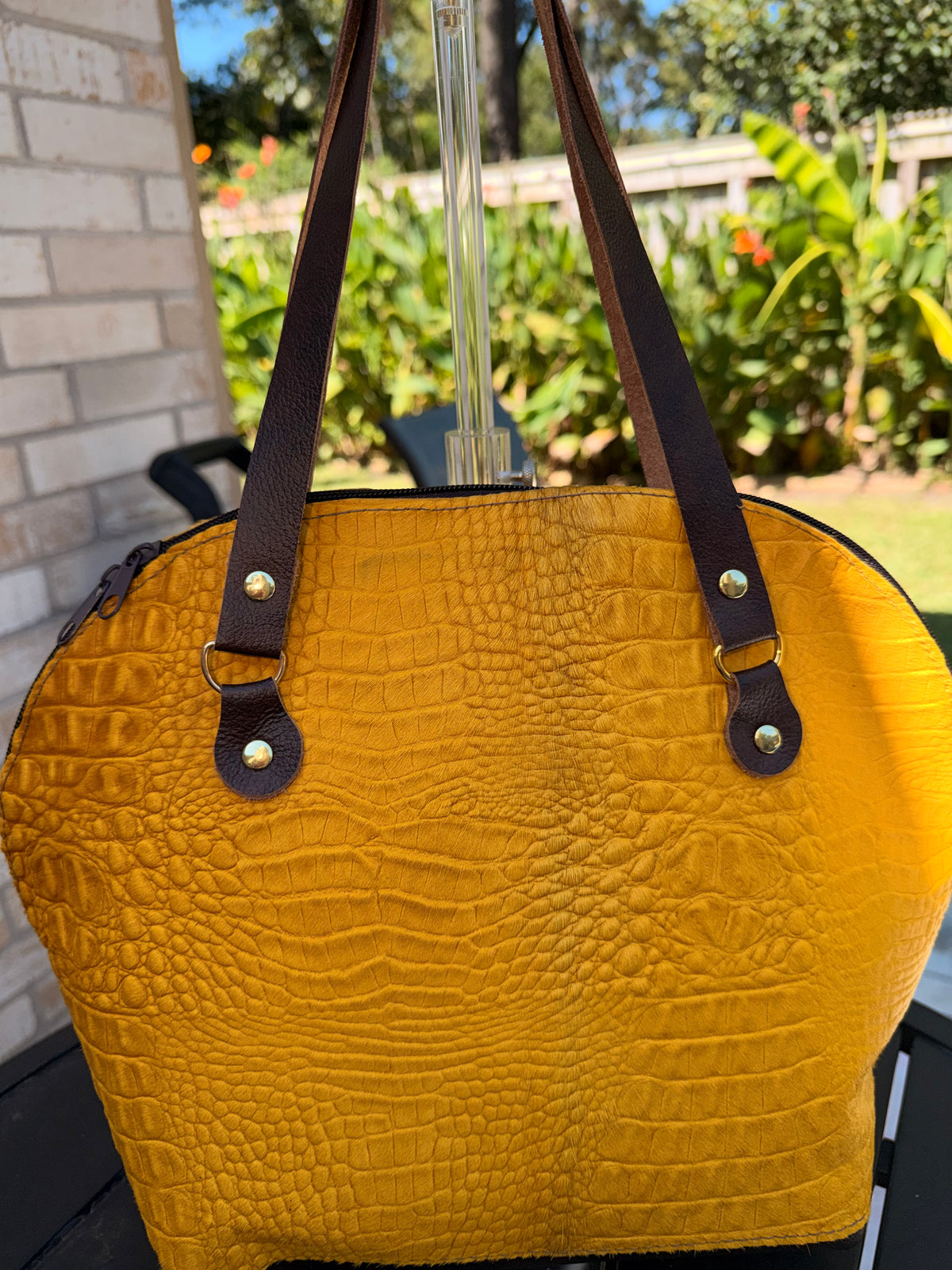 Mustard Yellow Alligator-Embossed Hide-on-Hair Bowler Bag