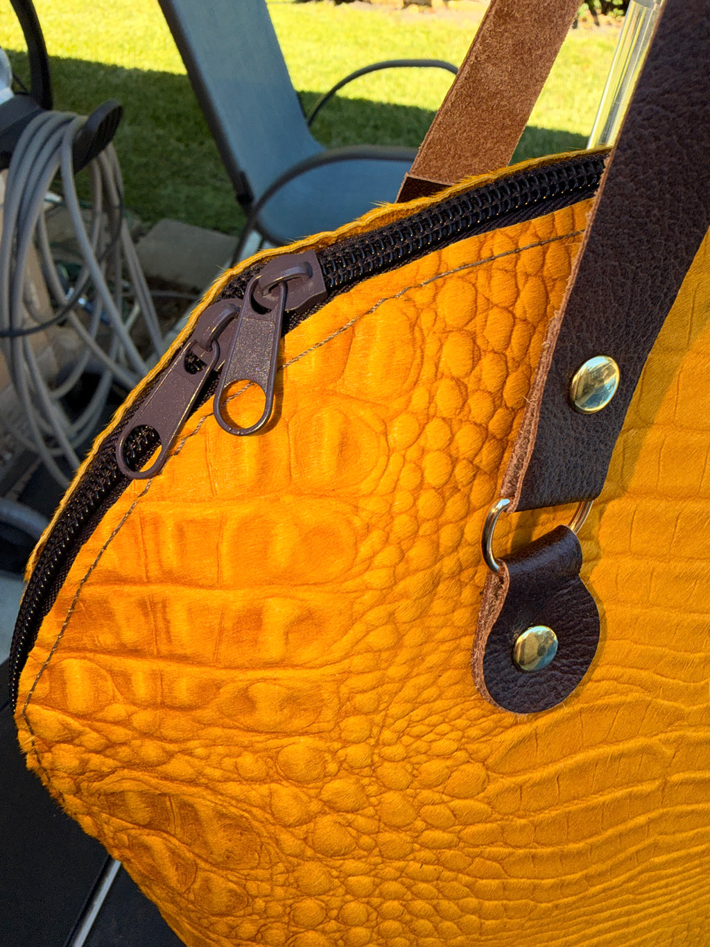 Mustard Yellow Alligator-Embossed Hide-on-Hair Bowler Bag