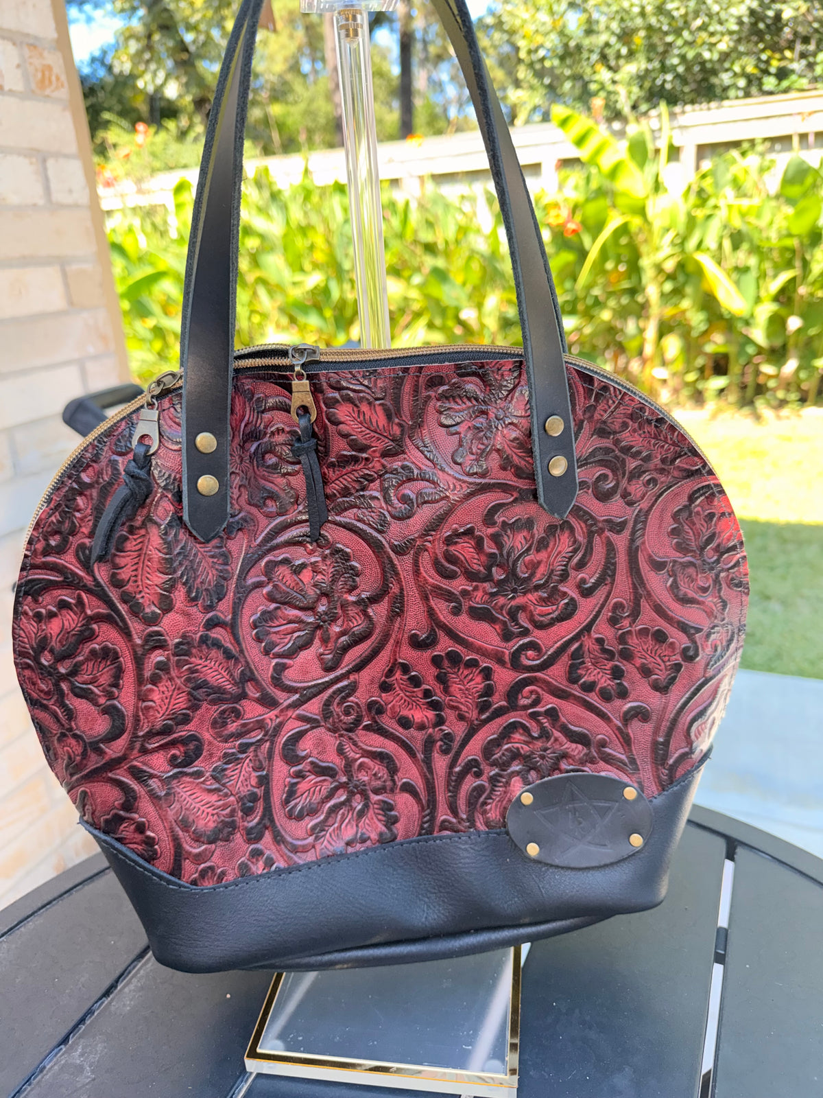 Urban Rustic Handmade – Black and Red Embossed Leather Bowler Bag