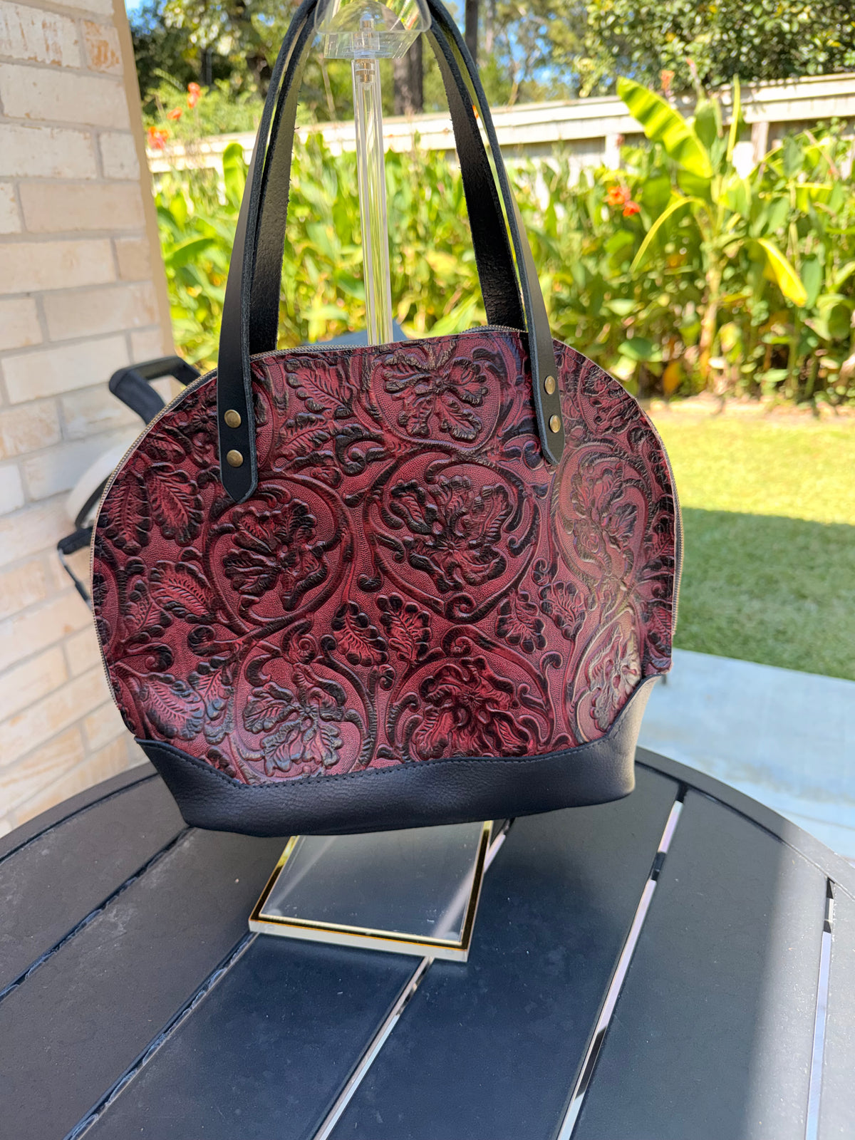 Urban Rustic Handmade – Black and Red Embossed Leather Bowler Bag