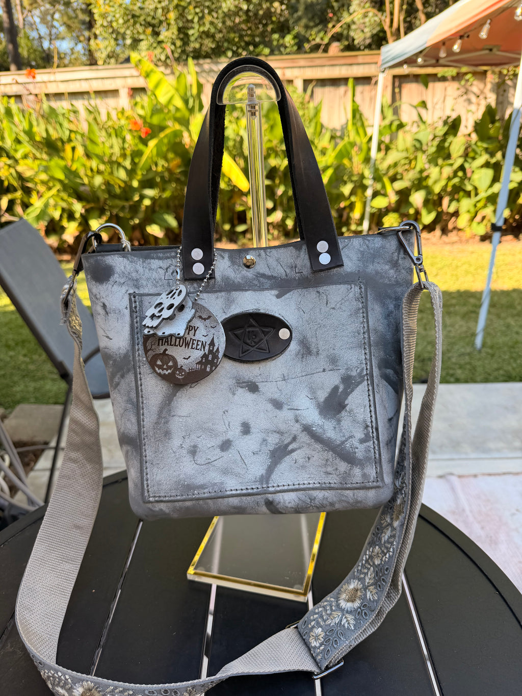 Urban Rustic Handmade Black Ghost Leather Tote Bag with Embroidered Strap & Halloween Charm