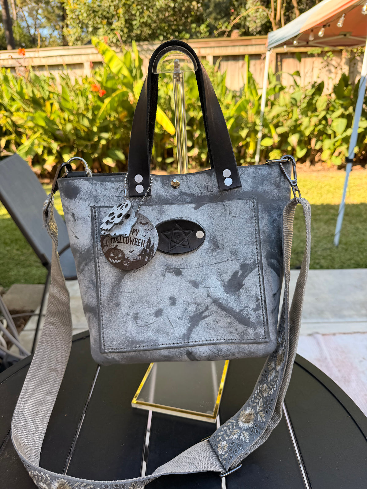 Urban Rustic Handmade Black Ghost Leather Tote Bag with Embroidered Strap & Halloween Charm
