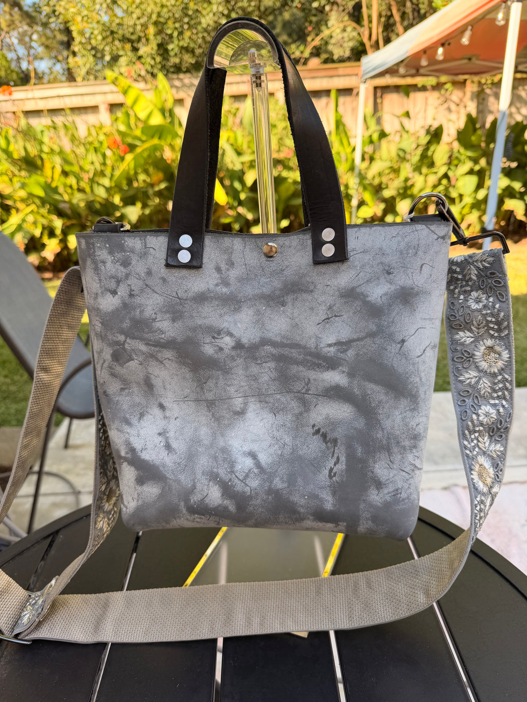 Urban Rustic Handmade Black Ghost Leather Tote Bag with Embroidered Strap & Halloween Charm