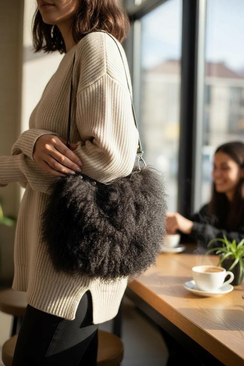 Handmade Black Mongolian Lamb shoulder bag