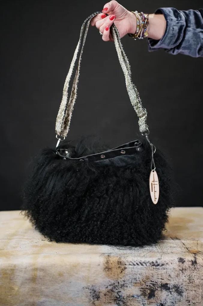 Handmade Black Mongolian Lamb shoulder bag