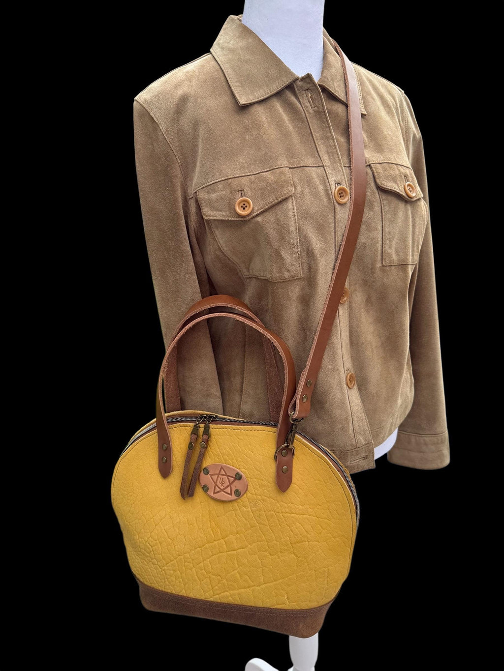 Yellow Bison Leather Houston Bag – Textured Retro Bowler Style – Urban Rustic Handmade