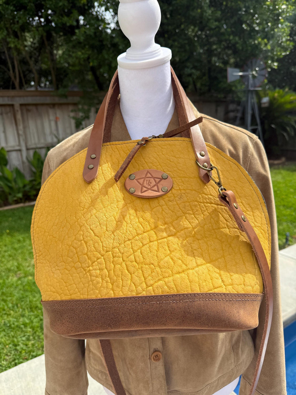 Yellow Bison Leather Houston Bag – Textured Retro Bowler Style – Urban Rustic Handmade