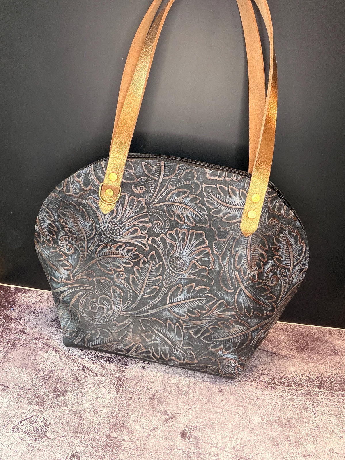 Urban Rustic HandmadeBlack & Brown embossed leather Houston Bowler Bag