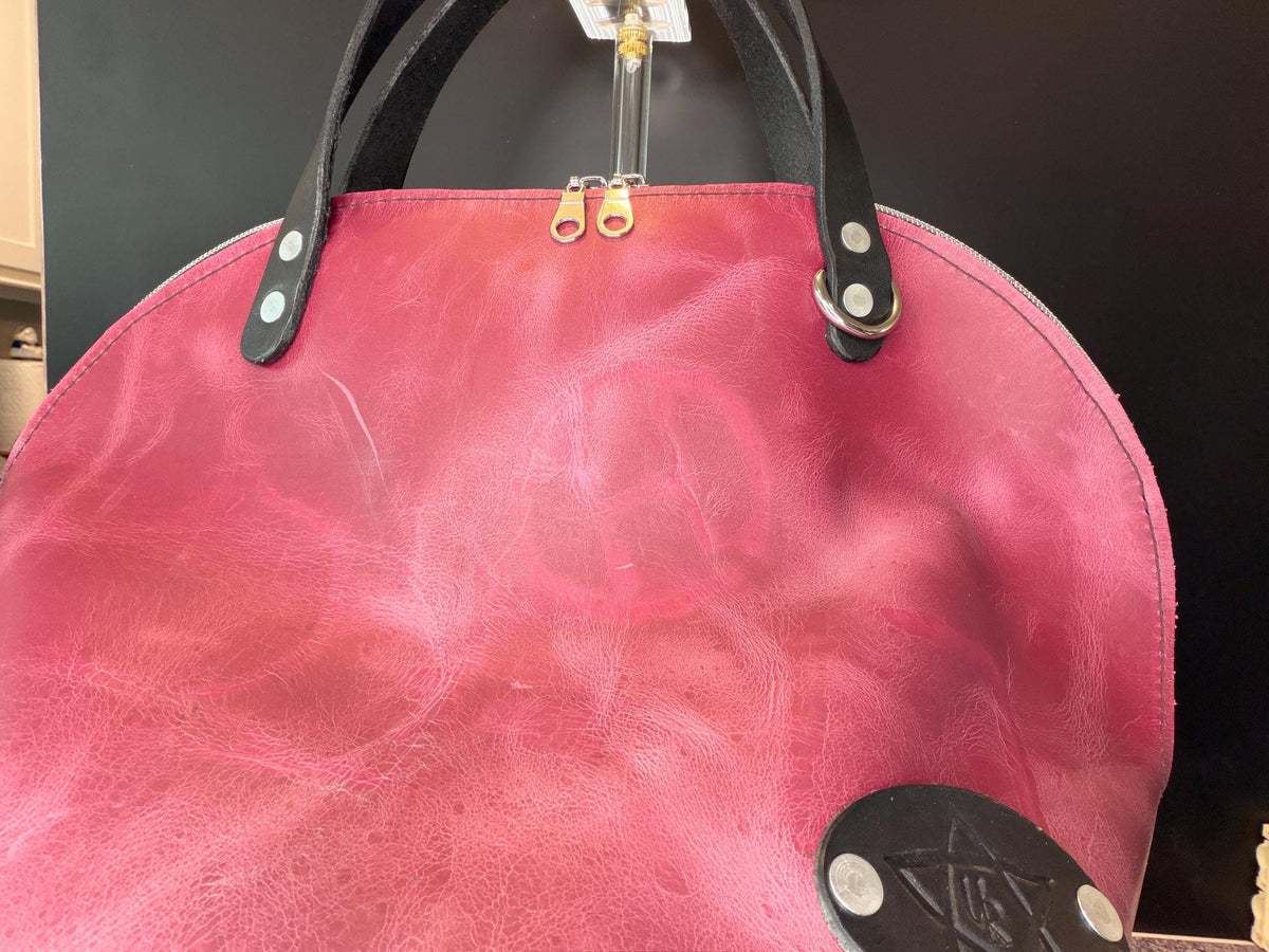 Dark Pink Leather Trapezoid Bowler Bag – Black Accents, Artisan Detail