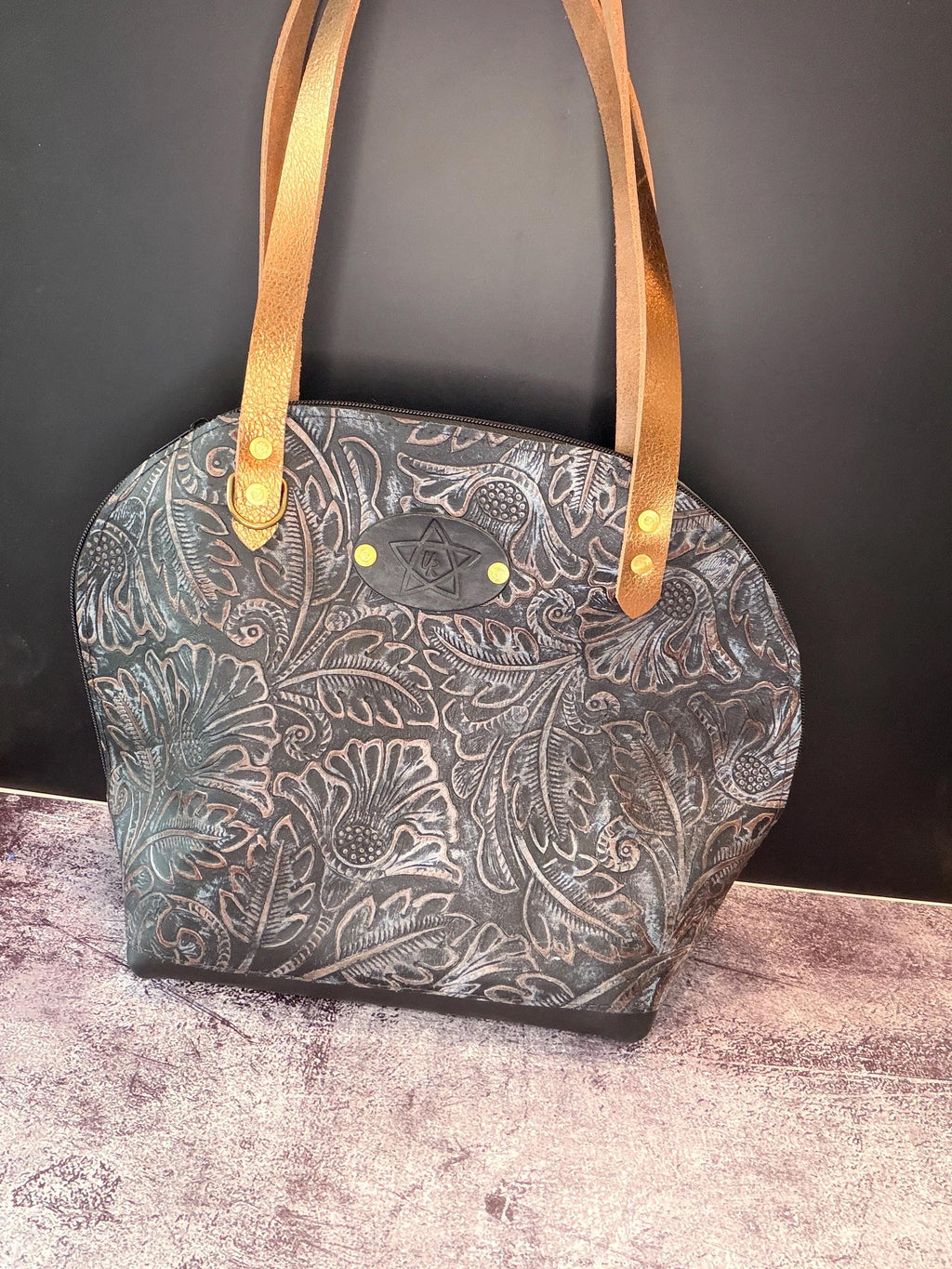 Urban Rustic HandmadeBlack & Brown embossed leather Houston Bowler Bag