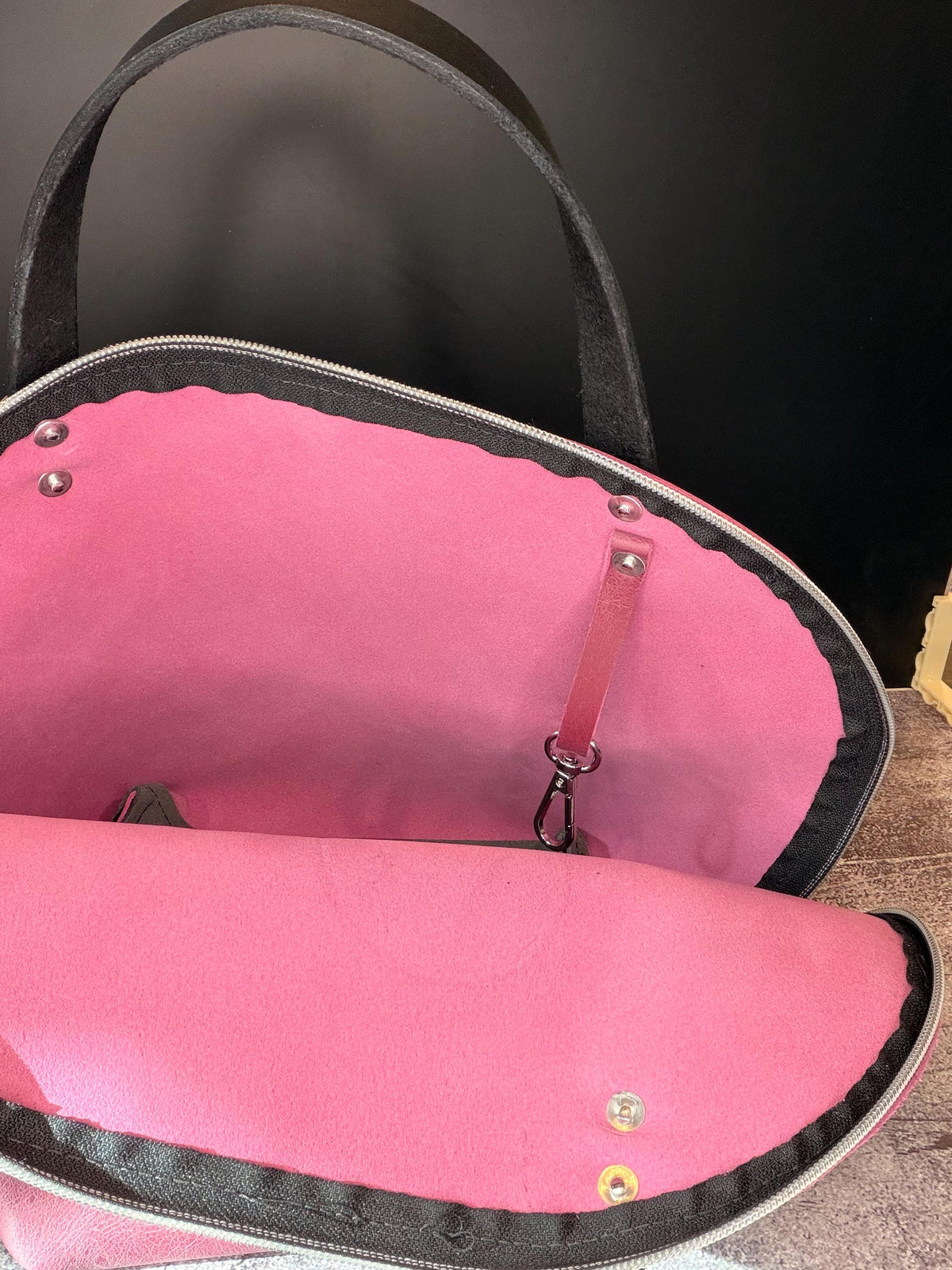 Dark Pink Leather Trapezoid Bowler Bag – Black Accents, Artisan Detail