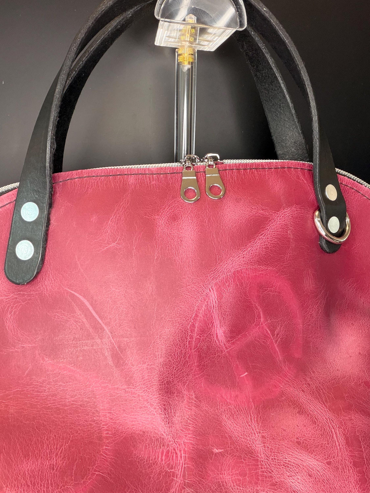 Dark Pink Leather Trapezoid Bowler Bag – Black Accents, Artisan Detail