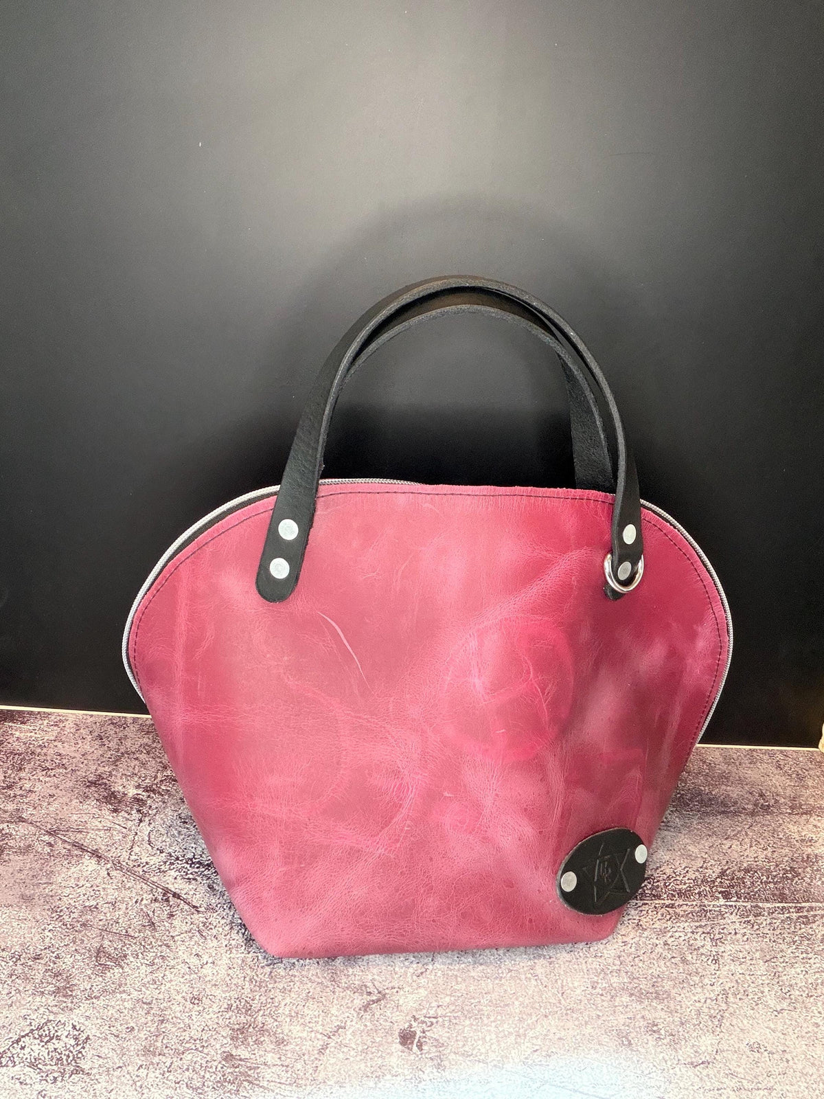 Dark Pink Leather Trapezoid Bowler Bag – Black Accents, Artisan Detail