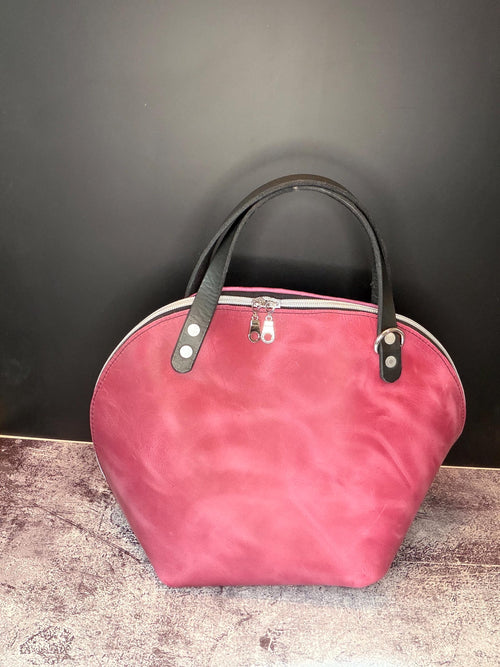 Dark Pink Leather Trapezoid Bowler Bag – Black Accents, Artisan Detail